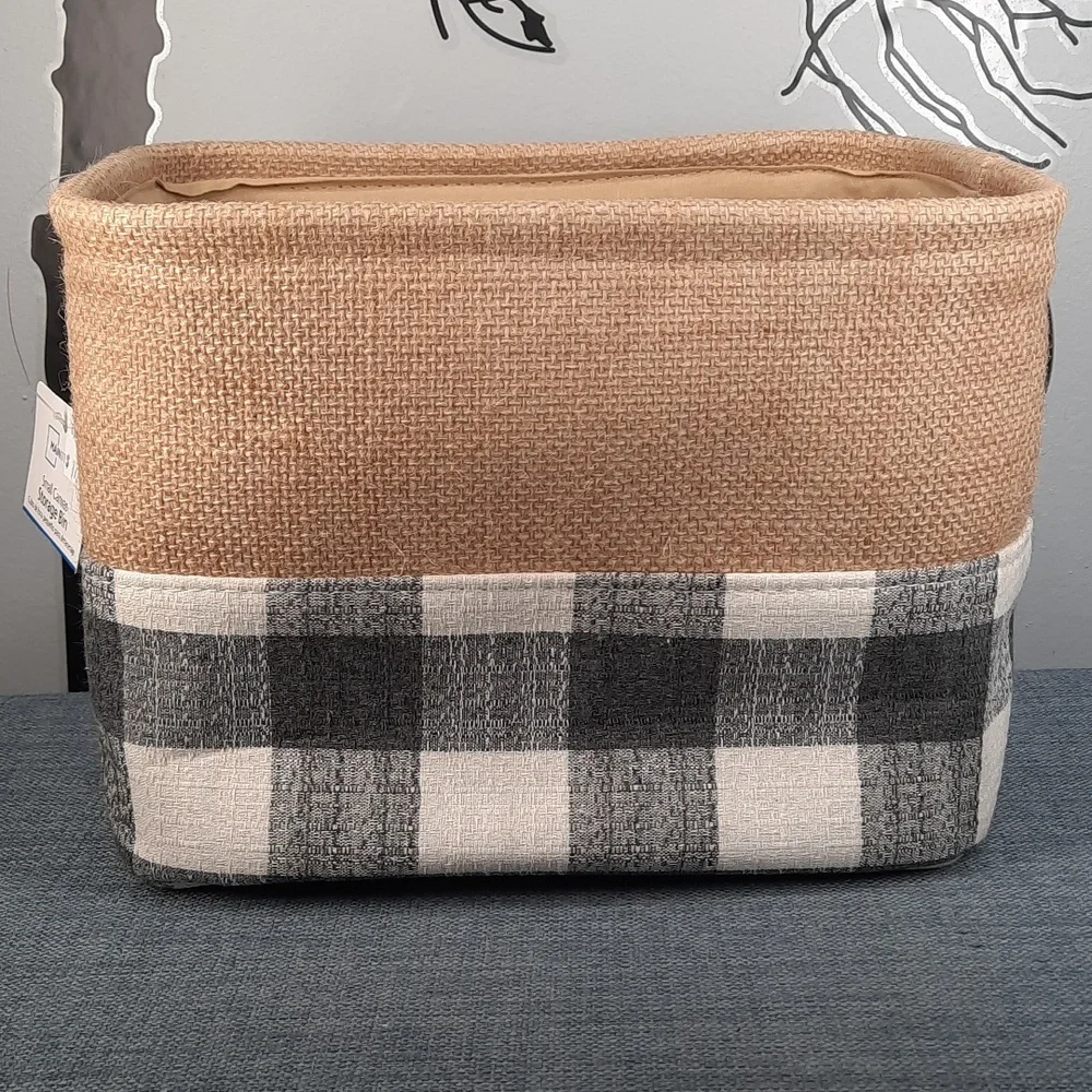 Canvas Storage Organizer Container Bin Gray Plaid Burlap Silver Handles Lined